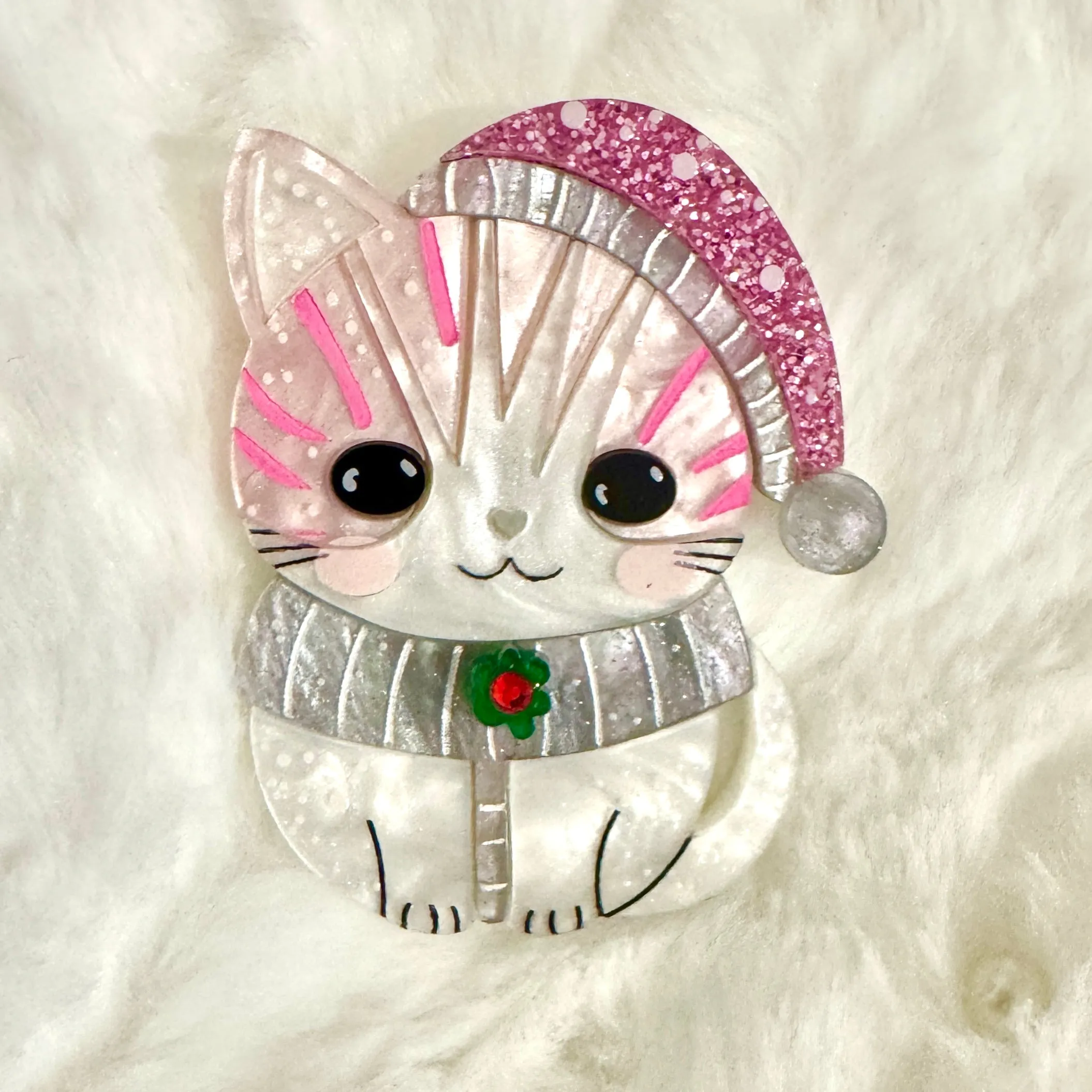 Pink Christmas cat - Brooch - Set of 2