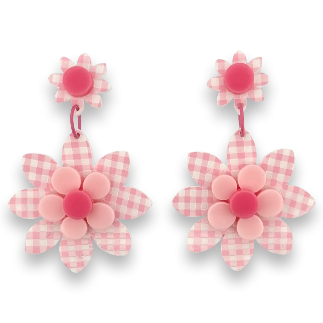 Pink gingham flower 🌸 - dangle - Set of 2