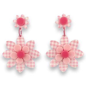 Pink gingham flower 🌸 - dangle - Set of 2