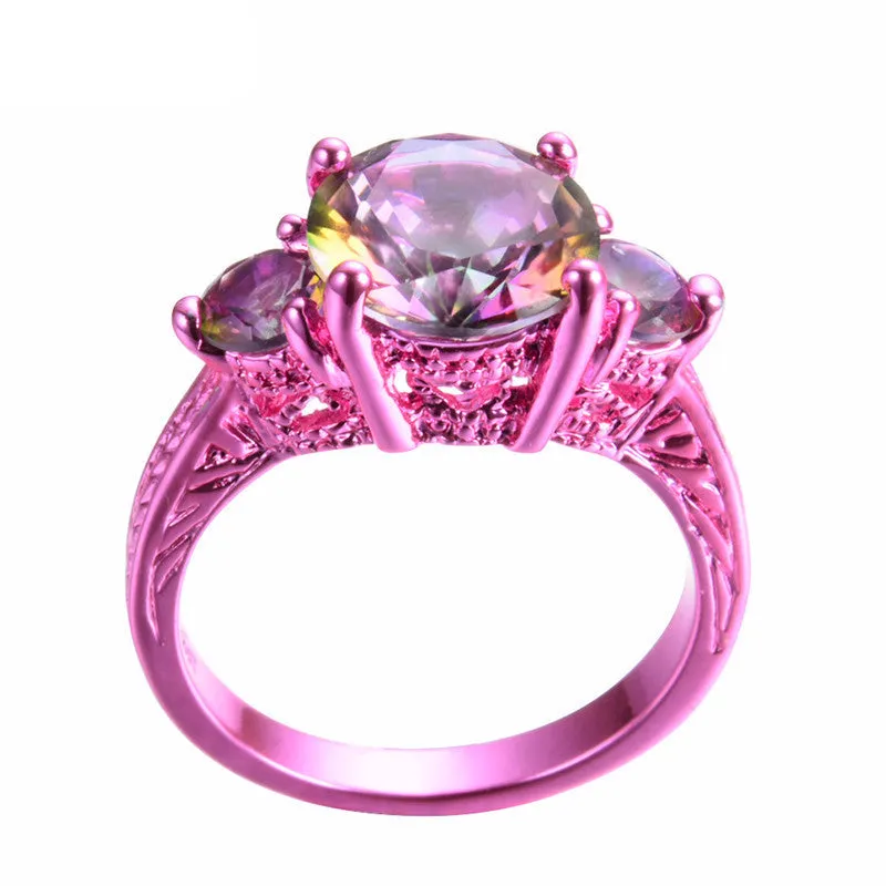 Pink Gold Round Mystic Rainbow Zircon Rings