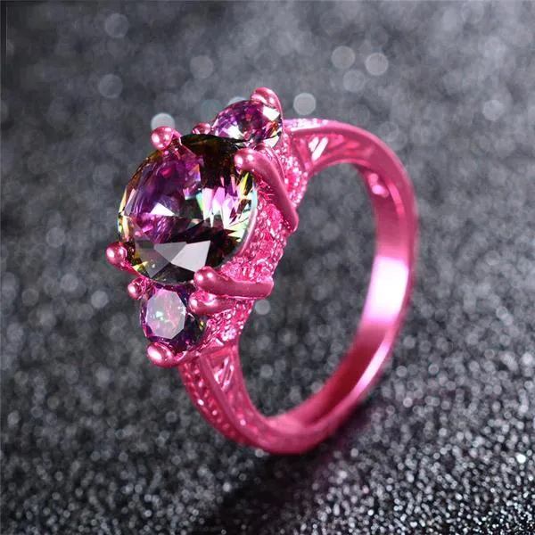 Pink Gold Round Mystic Rainbow Zircon Rings