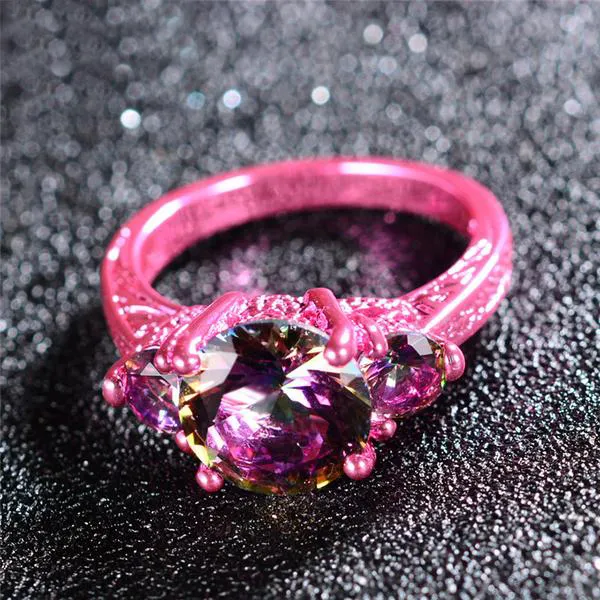 Pink Gold Round Mystic Rainbow Zircon Rings