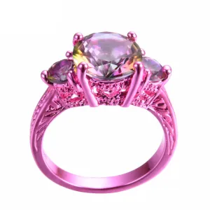 Pink Gold Round Mystic Rainbow Zircon Rings