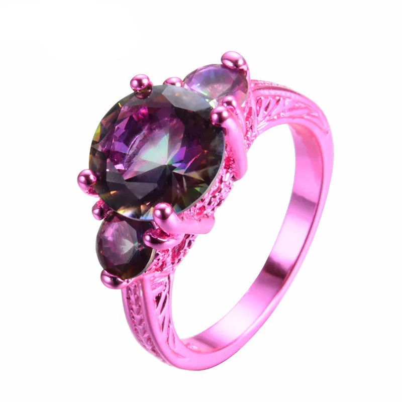 Pink Gold Round Mystic Rainbow Zircon Rings
