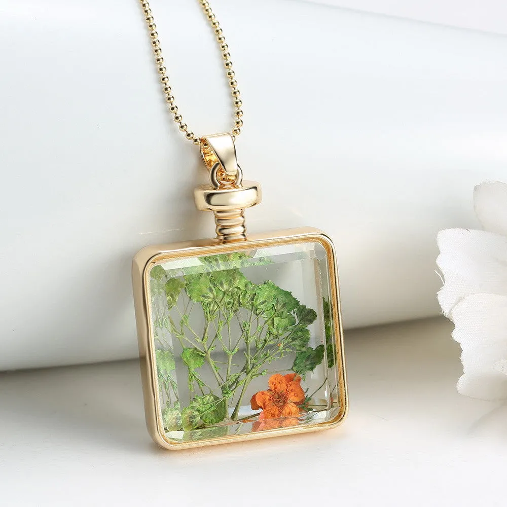 Pressed Flower Square Shaped Charm Pendant Necklace