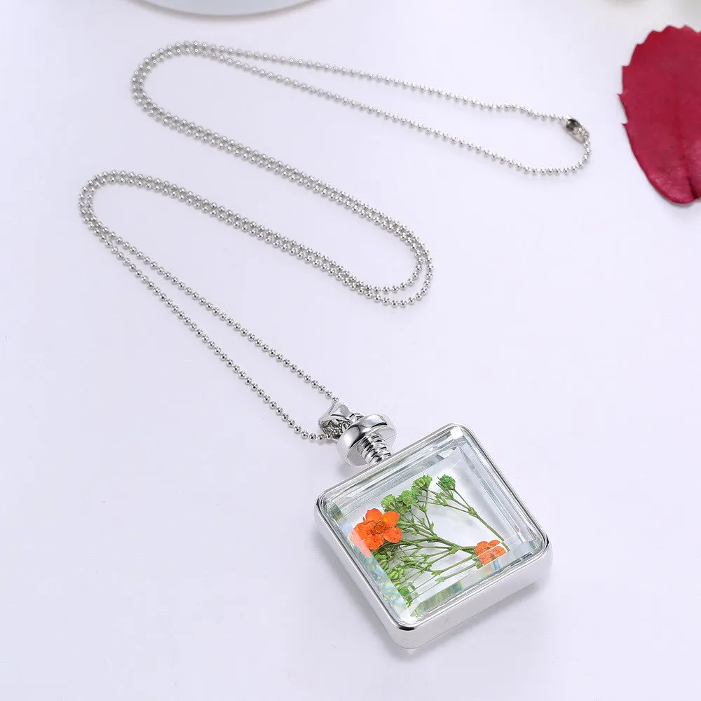 Pressed Flower Square Shaped Charm Pendant Necklace