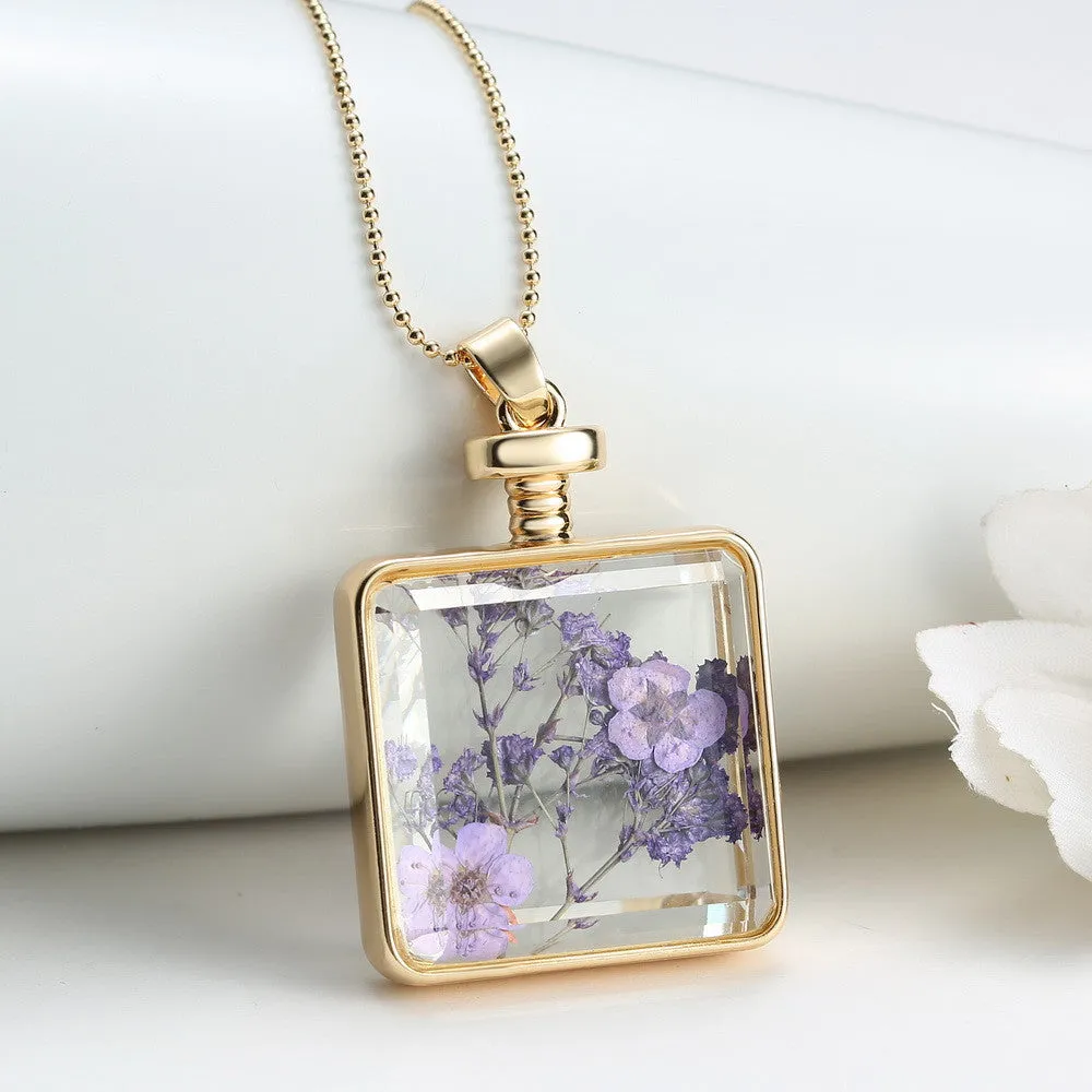 Pressed Flower Square Shaped Charm Pendant Necklace
