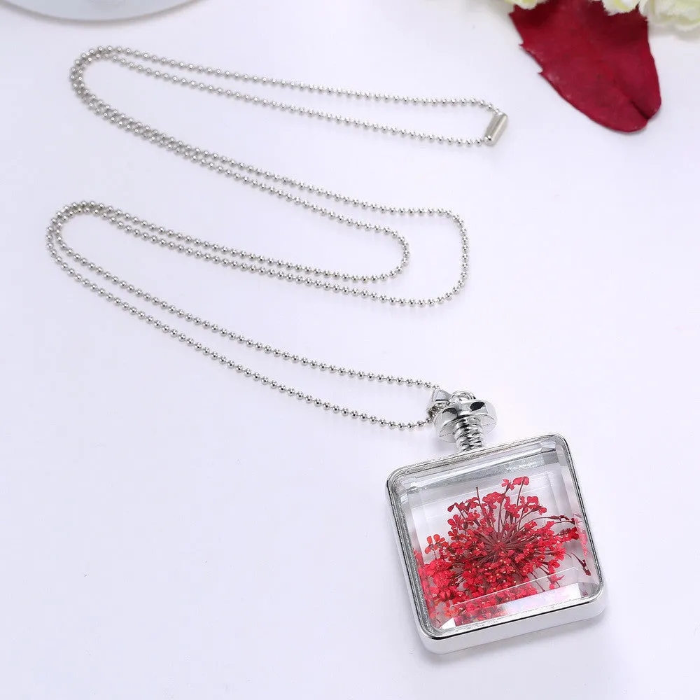 Pressed Flower Square Shaped Charm Pendant Necklace