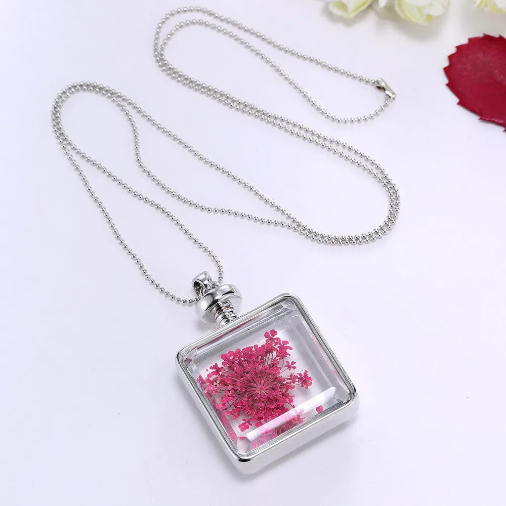 Pressed Flower Square Shaped Charm Pendant Necklace
