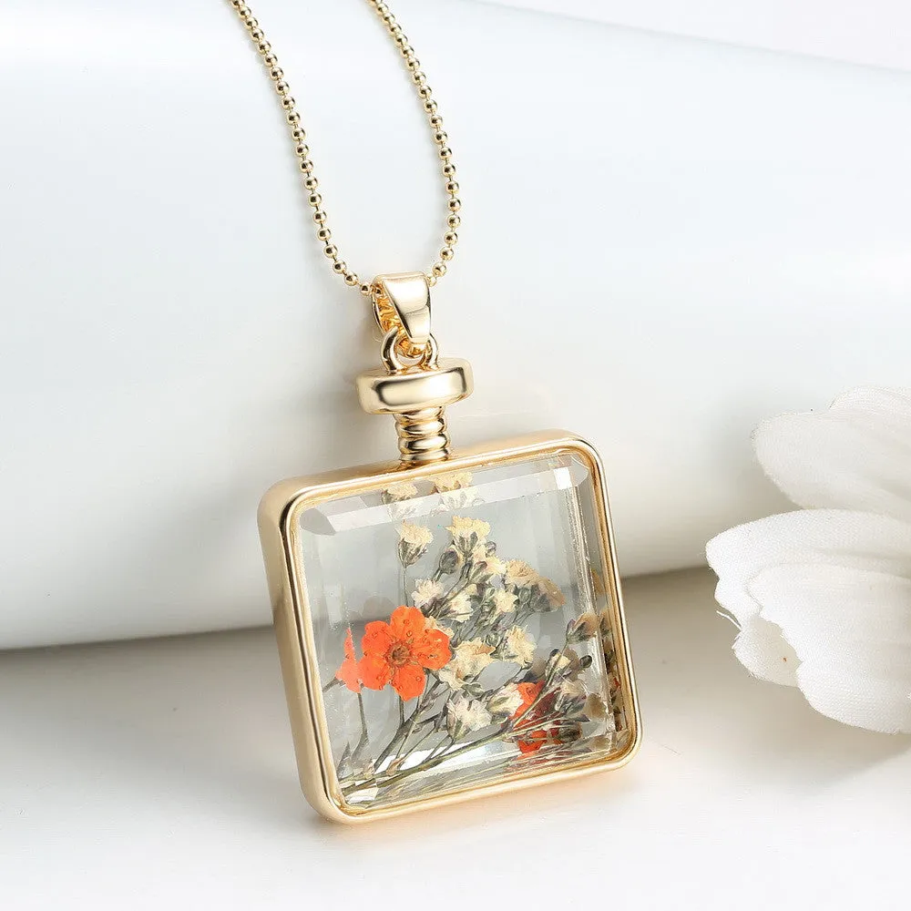 Pressed Flower Square Shaped Charm Pendant Necklace