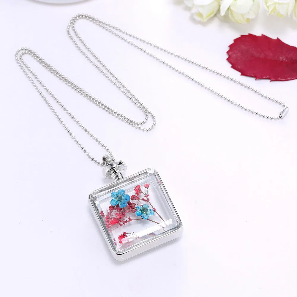 Pressed Flower Square Shaped Charm Pendant Necklace