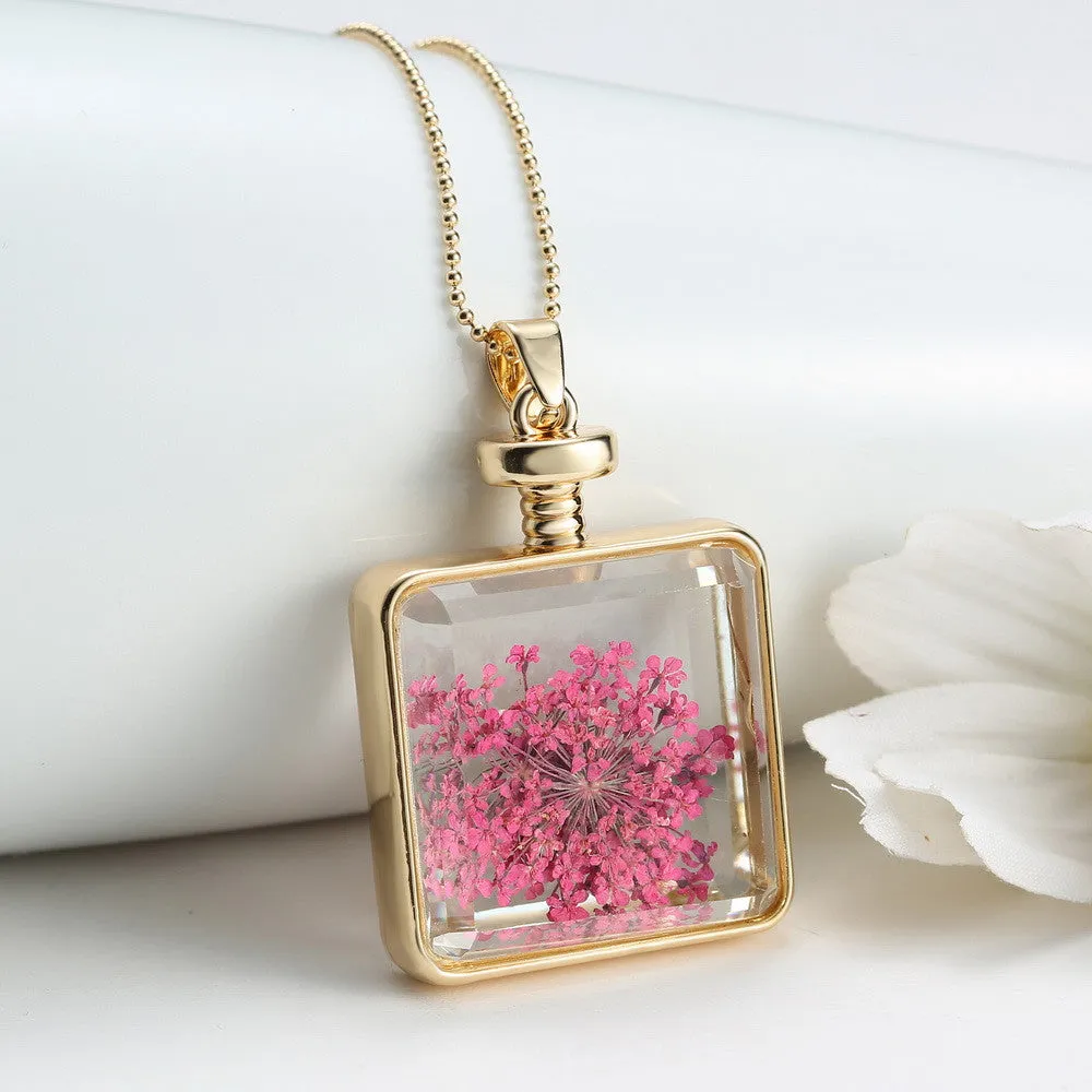 Pressed Flower Square Shaped Charm Pendant Necklace