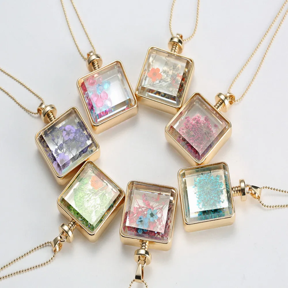 Pressed Flower Square Shaped Charm Pendant Necklace