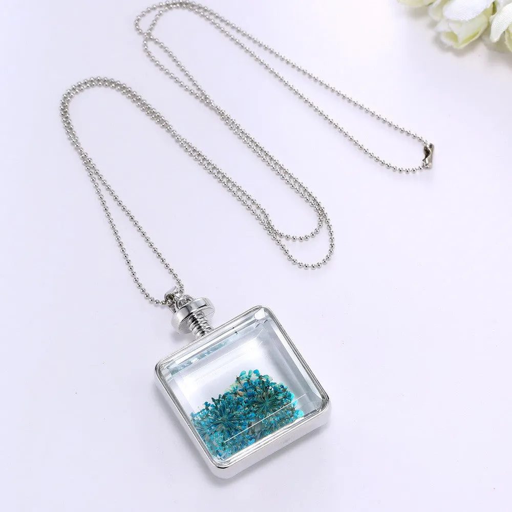 Pressed Flower Square Shaped Charm Pendant Necklace