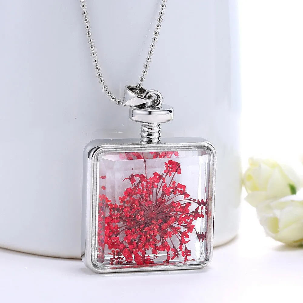 Pressed Flower Square Shaped Charm Pendant Necklace
