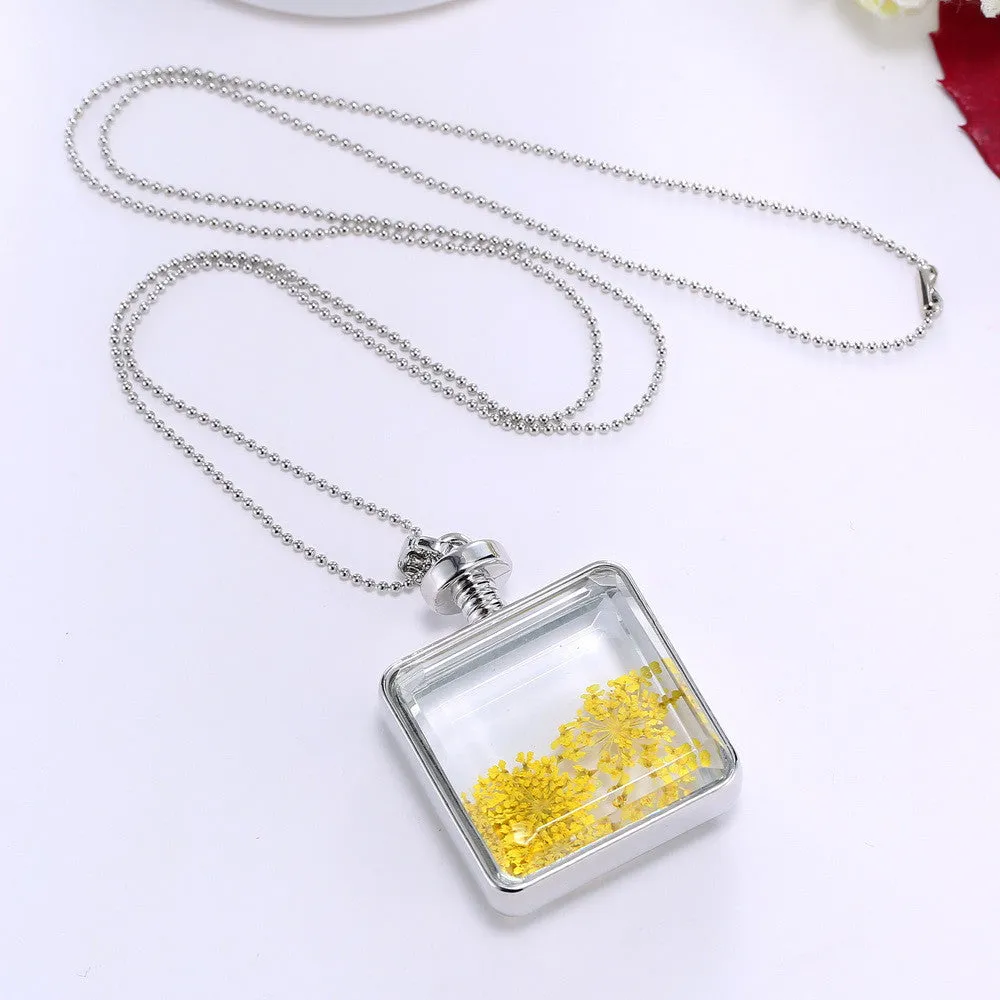 Pressed Flower Square Shaped Charm Pendant Necklace