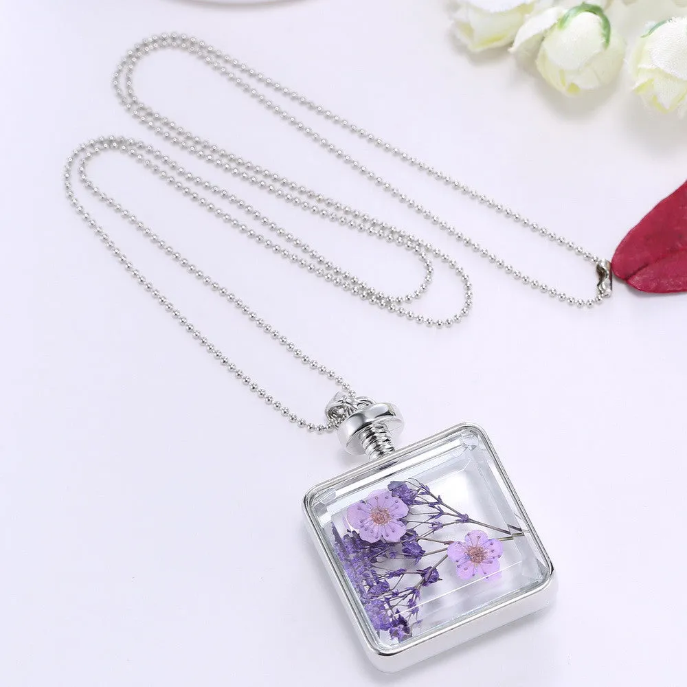 Pressed Flower Square Shaped Charm Pendant Necklace