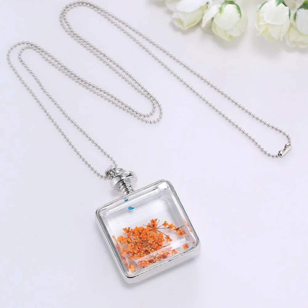Pressed Flower Square Shaped Charm Pendant Necklace