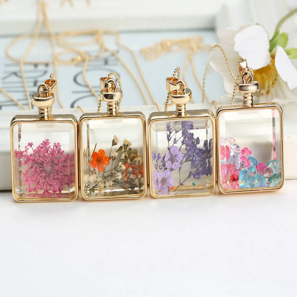 Pressed Flower Square Shaped Charm Pendant Necklace