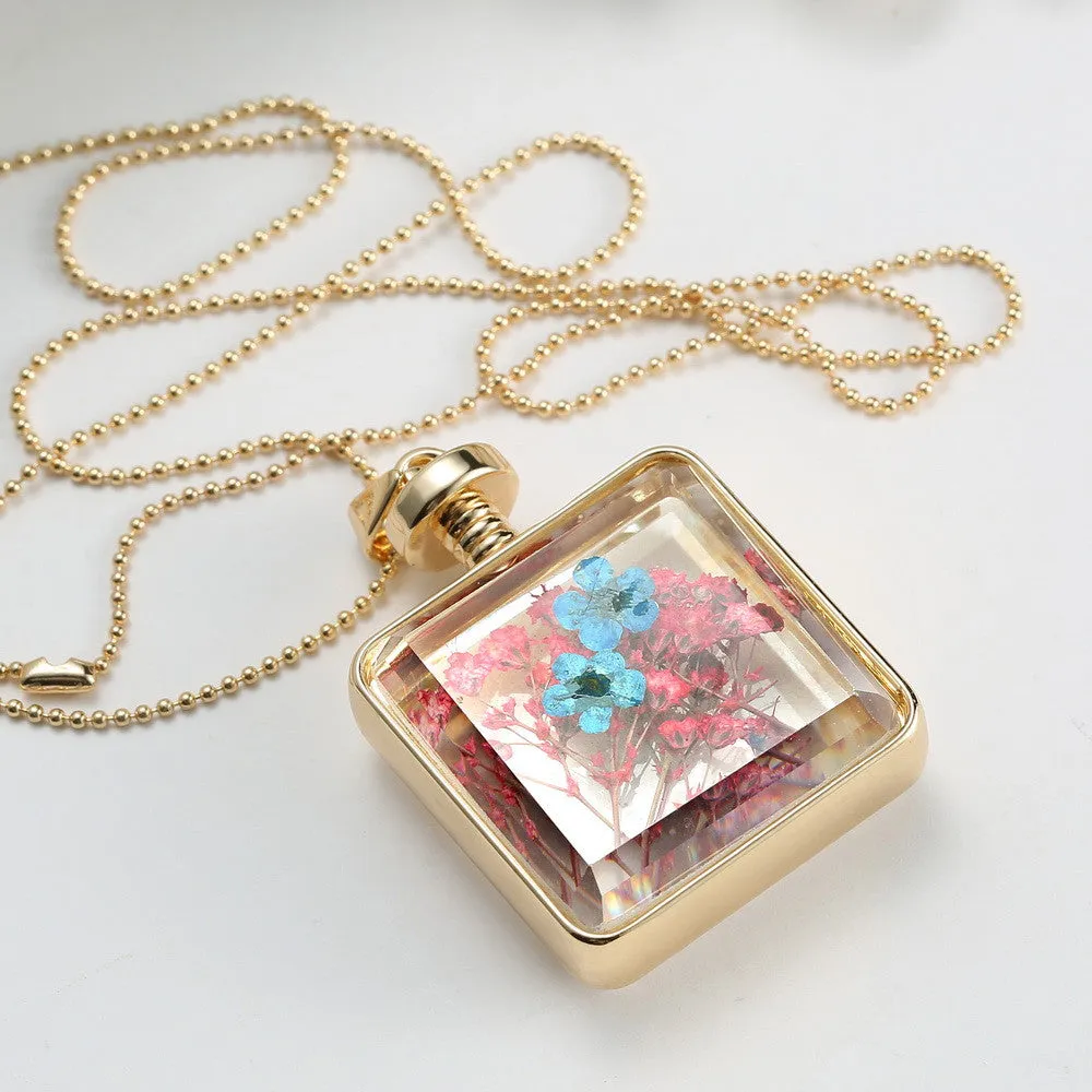 Pressed Flower Square Shaped Charm Pendant Necklace