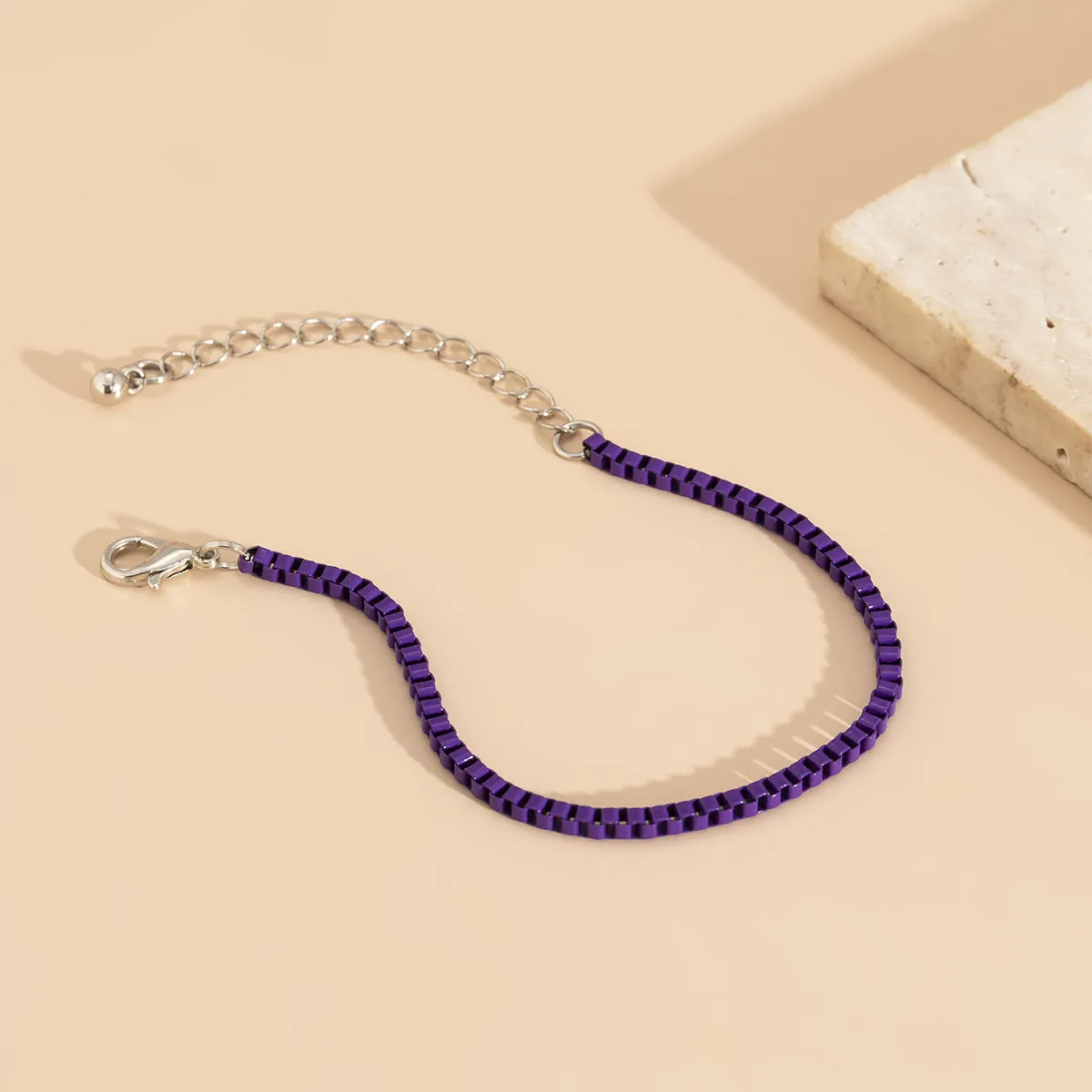 Purple Enamel & Silver-Plated Box Chain Bracelet