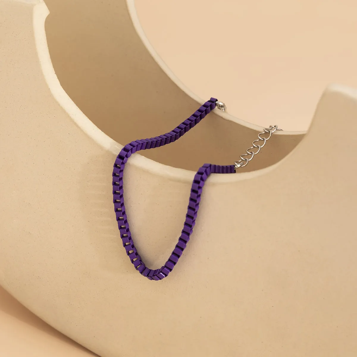 Purple Enamel & Silver-Plated Box Chain Bracelet