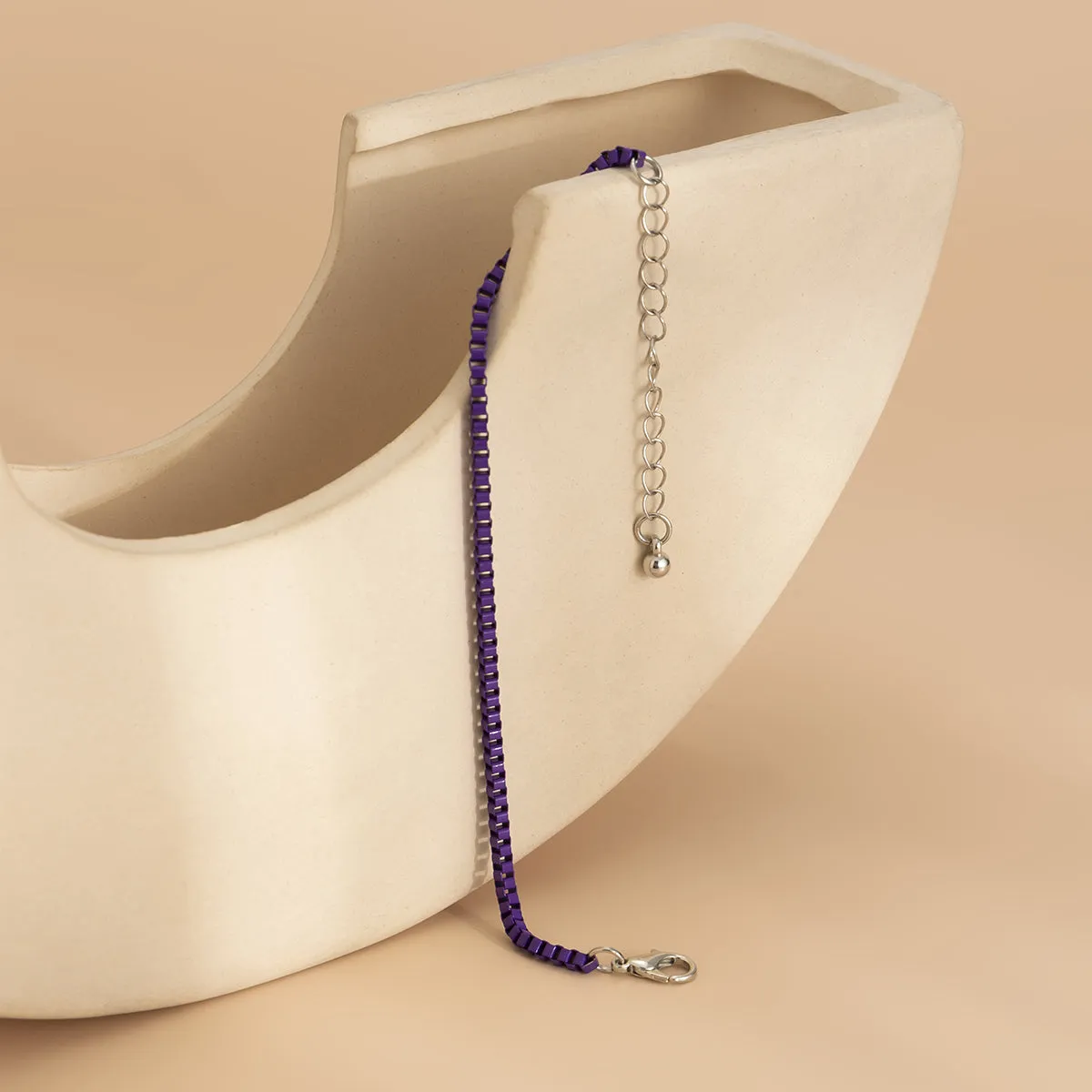 Purple Enamel & Silver-Plated Box Chain Bracelet