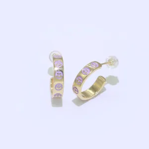 Purple Happy Face Enamel Round hoop earrings 17.5mm, Lead Nickel free Earrings Y2K Gold Filled Round hoop Smiley Face Jewlery