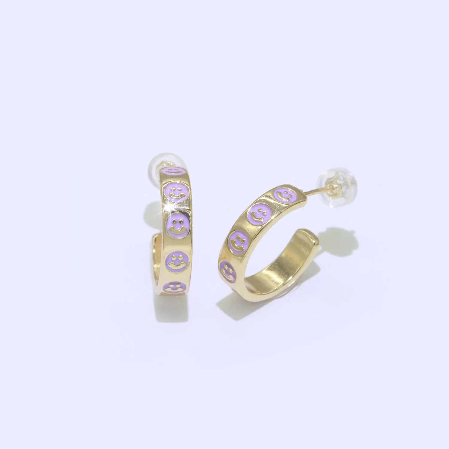 Purple Happy Face Enamel Round hoop earrings 17.5mm, Lead Nickel free Earrings Y2K Gold Filled Round hoop Smiley Face Jewlery