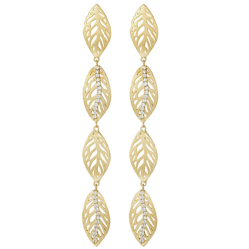 "Sweet Petiole" Pave Linear Leaves Drop Earrings