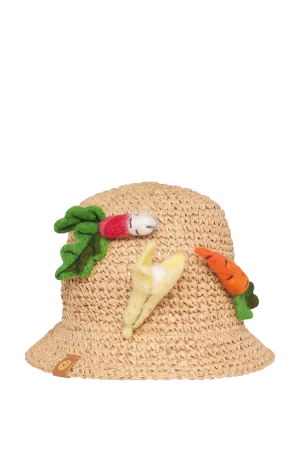 Raffia Bucket Hat With Vegetable Brooches