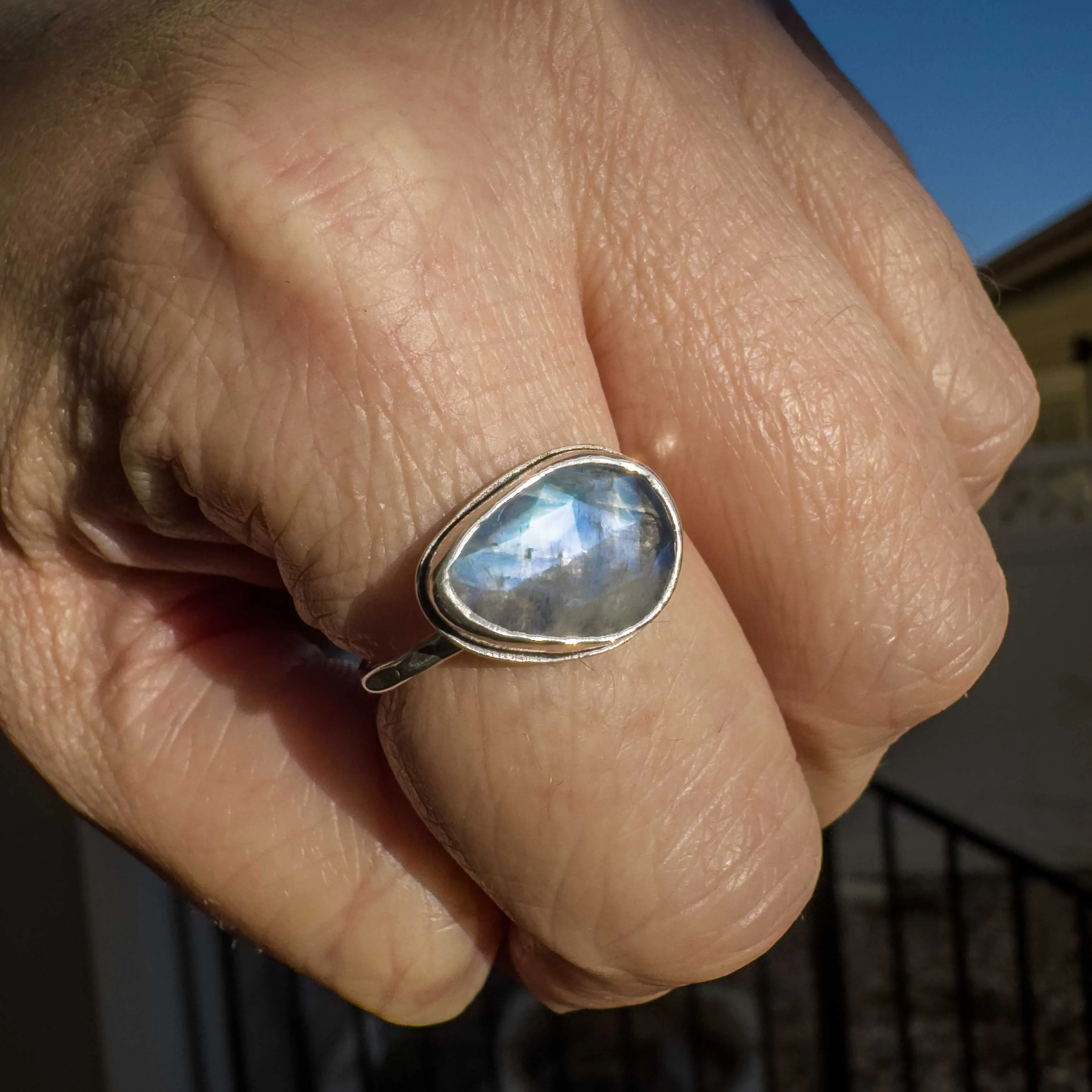 Rainbow Moonstone Sterling Silver Stacking Ring - size 8.5