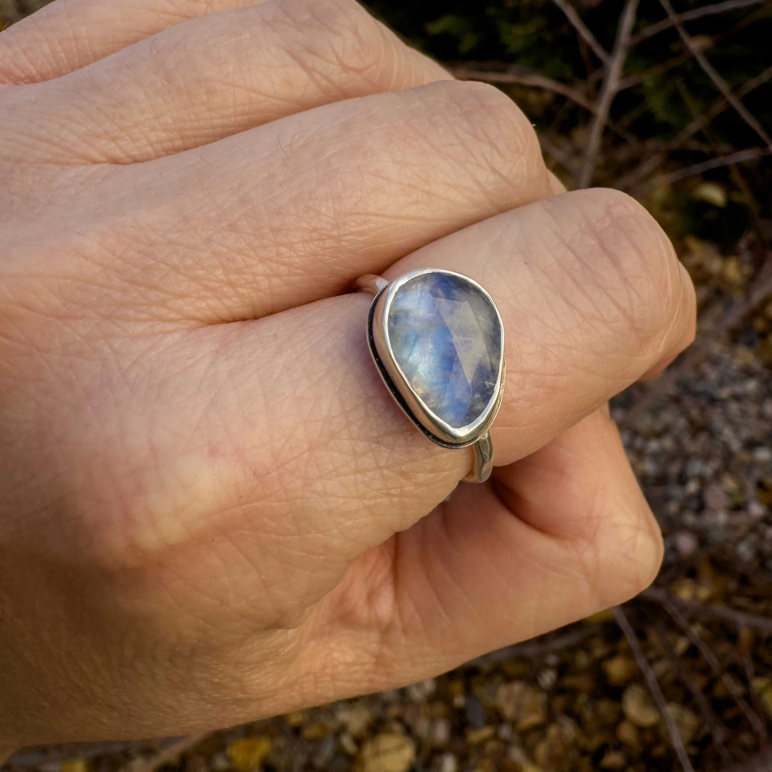Rainbow Moonstone Sterling Silver Stacking Ring - size 8.5