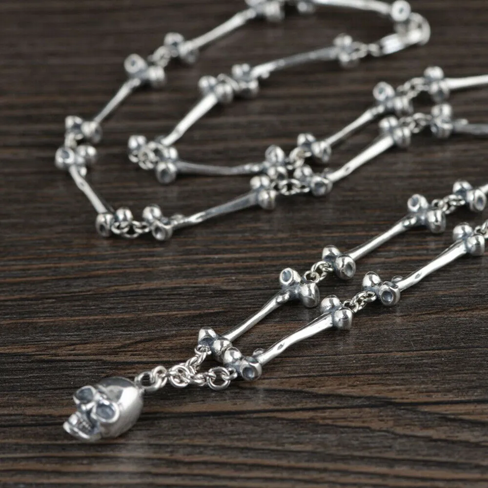 Real Solid 925 Sterling Silver Necklaces Skull Bone Men Jewelry 24" 26"