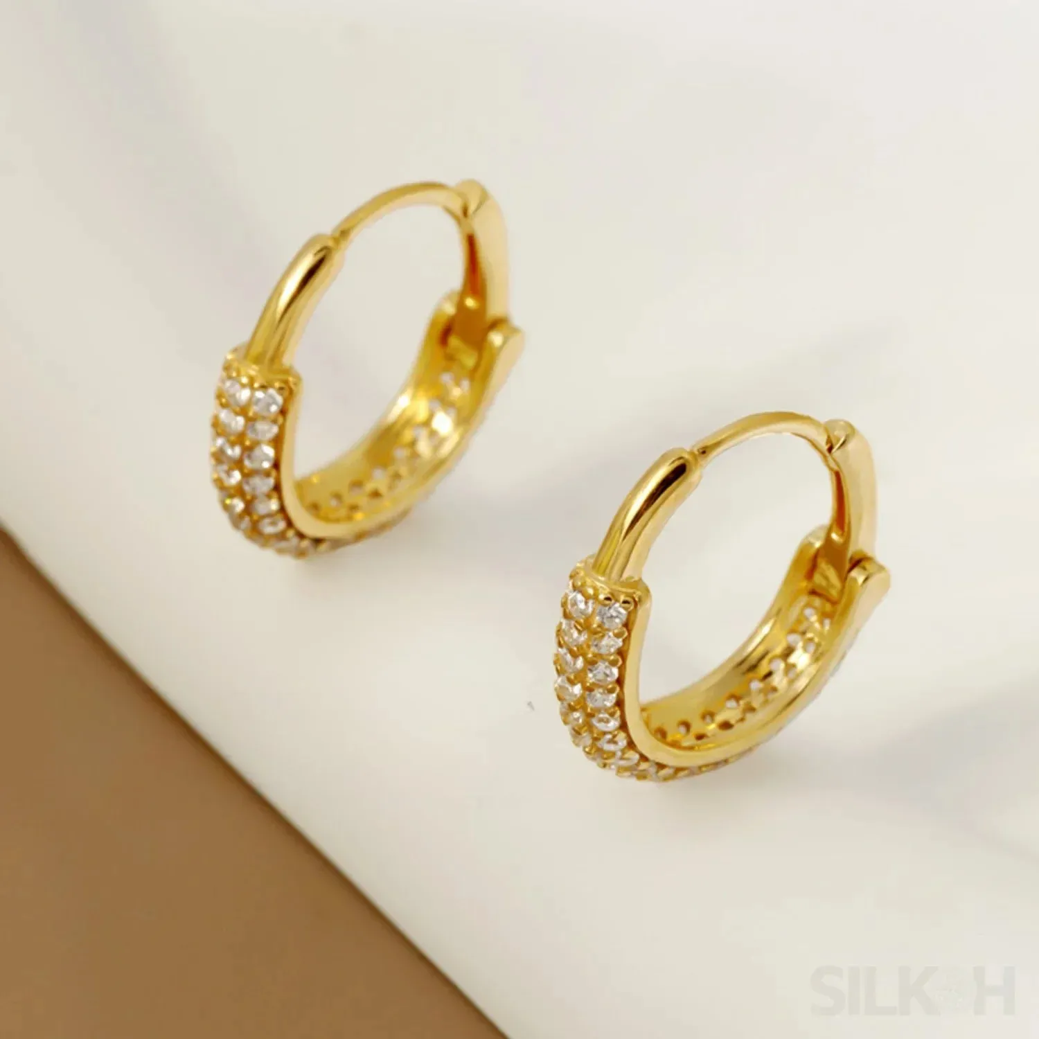Round 18K Gold Plated Sterling Silver Zircon Inlaid Huggie Earrings Lou
