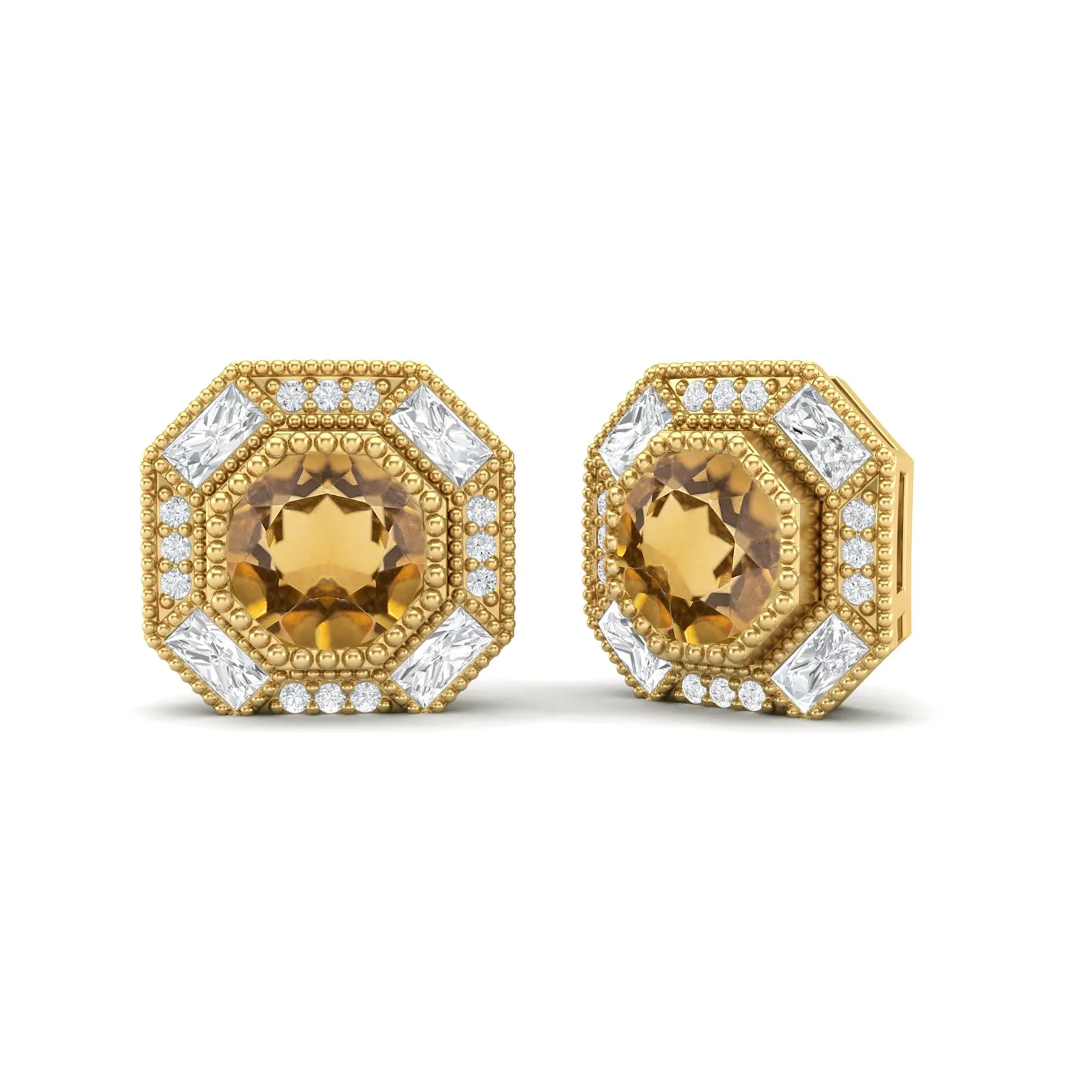 Round Citrine Minimalist Delicate Stud Women Earrings 9k Yellow Gold