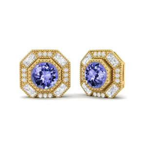 Round Tanzanite Minimalist Delicate Stud Women Earrings 9k Yellow Gold