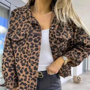 Savanna Animal Print Button-Up Cropped Denim Jacket