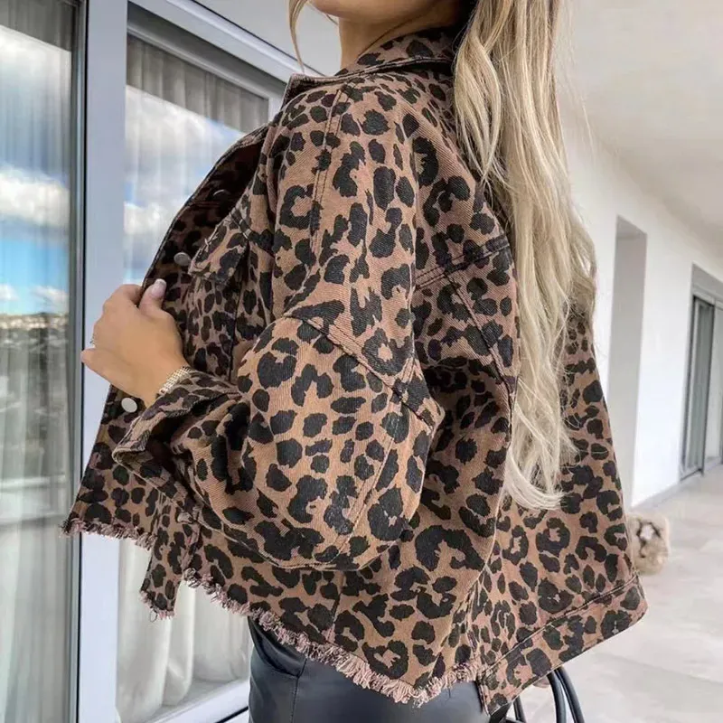 Savanna Animal Print Button-Up Cropped Denim Jacket
