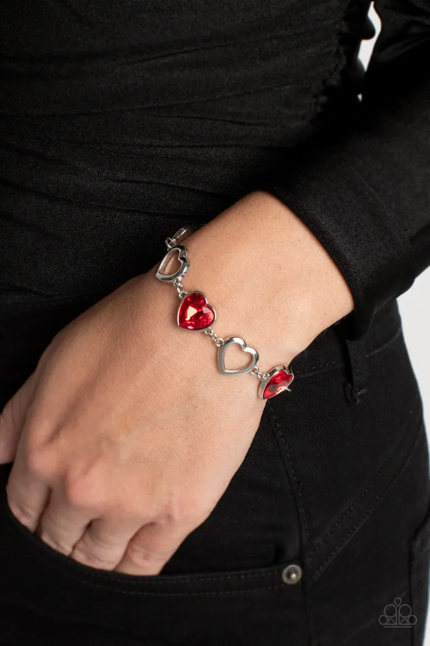 Sentimental Sweethearts - Red - Rhinestone Heart Paparazzi Lobster Claw Bracelet