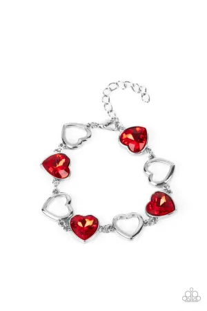 Sentimental Sweethearts - Red - Rhinestone Heart Paparazzi Lobster Claw Bracelet