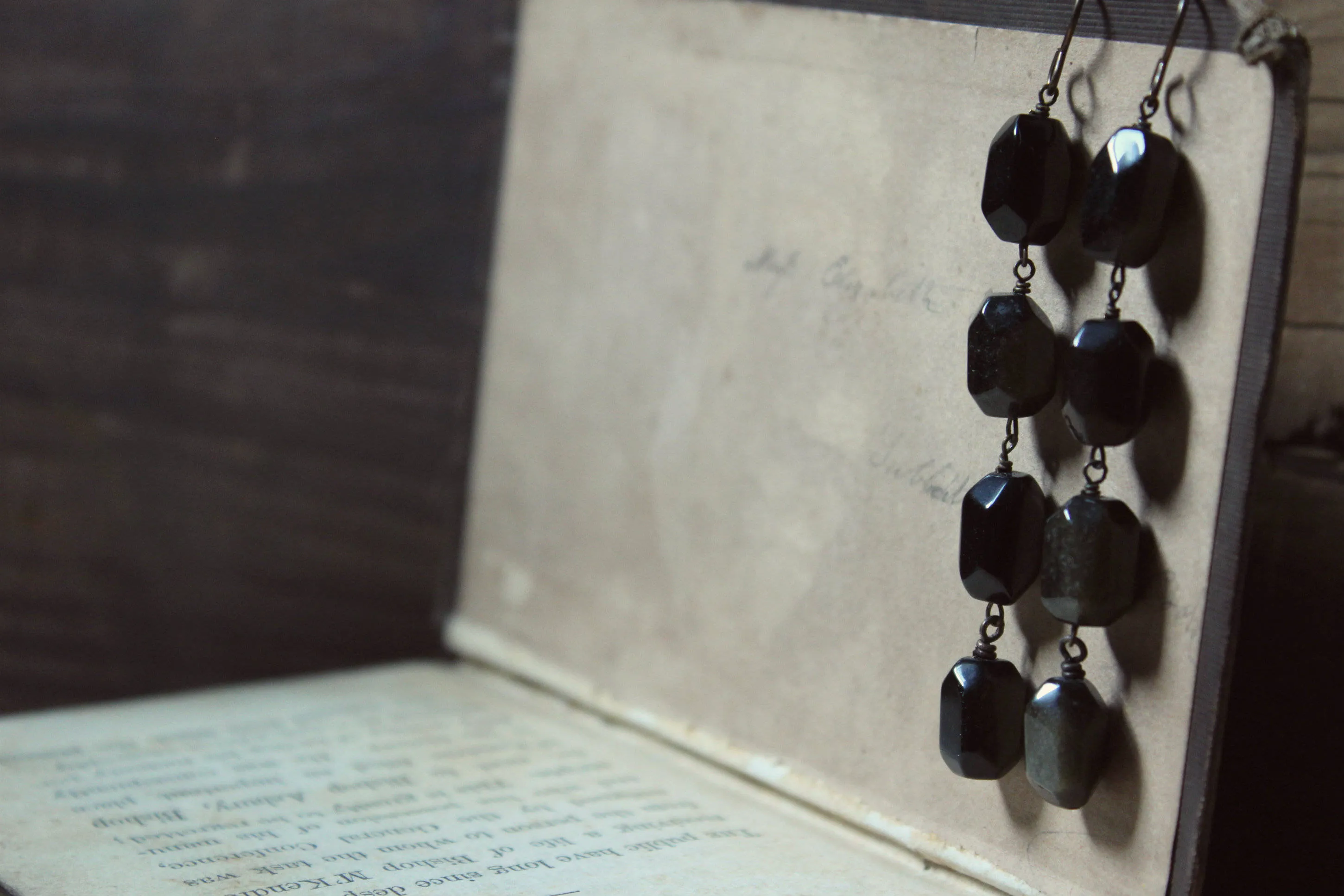 Shadowland. Earthy Golden Sheen Obsidian Linear Drop Earrings.