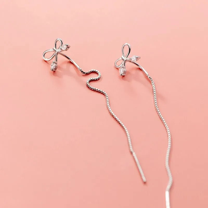 Silver Bow Threader Earrings