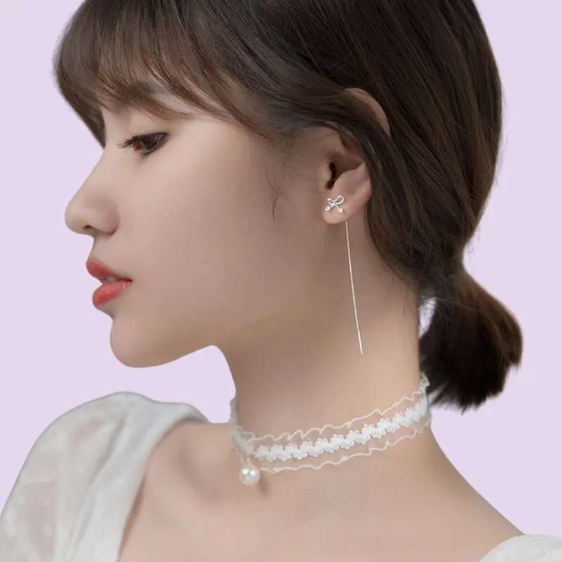 Silver Bow Threader Earrings