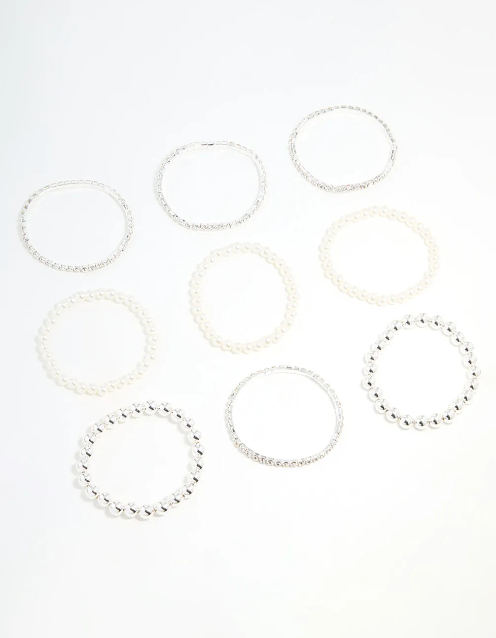 Silver Diamante & Pearl Ball Bracelets 9-Pack