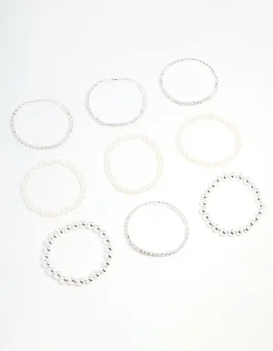 Silver Diamante & Pearl Ball Bracelets 9-Pack