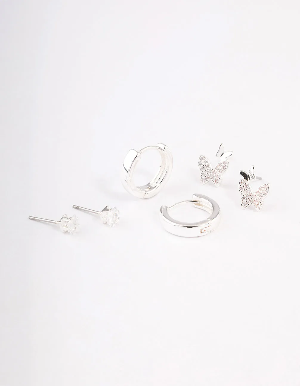 Silver Plated Brass  Cubic Zirconia Double Butterfly Earring Pack