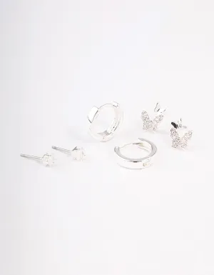 Silver Plated Brass  Cubic Zirconia Double Butterfly Earring Pack