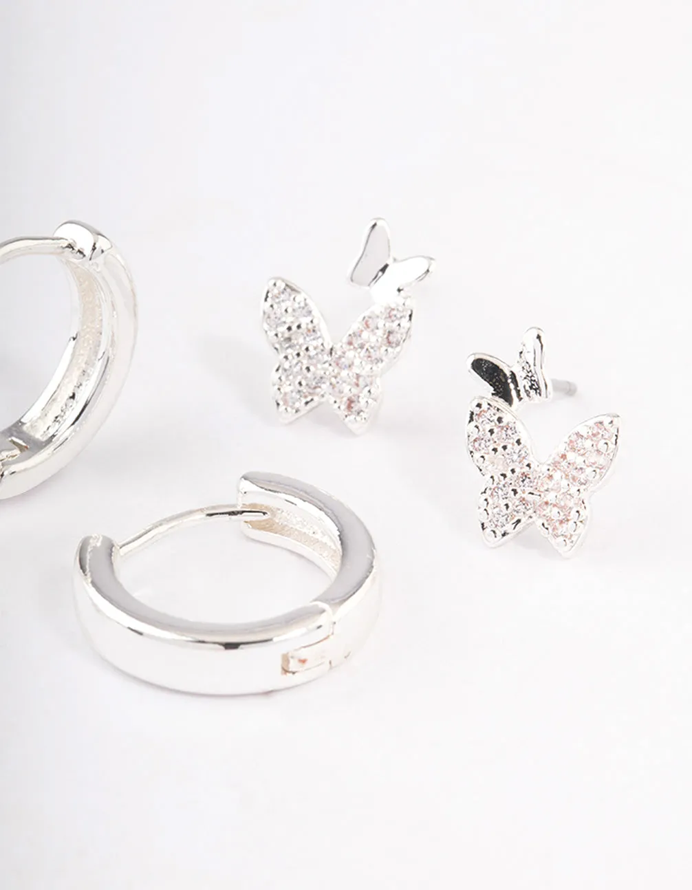 Silver Plated Brass  Cubic Zirconia Double Butterfly Earring Pack