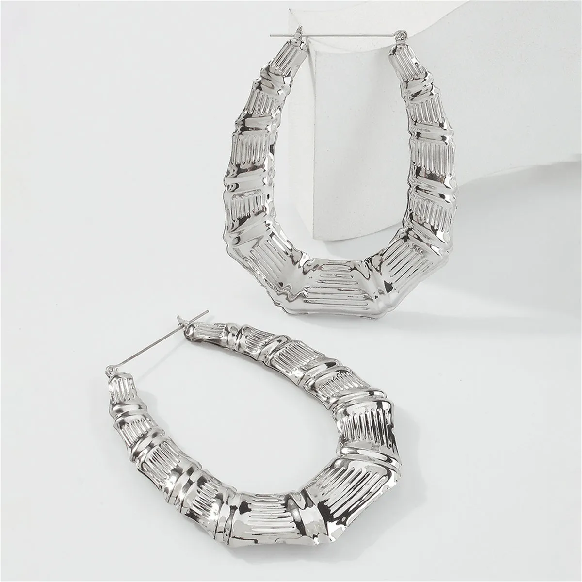 Silver-Plated Oval Bamboo Huggie Earrings